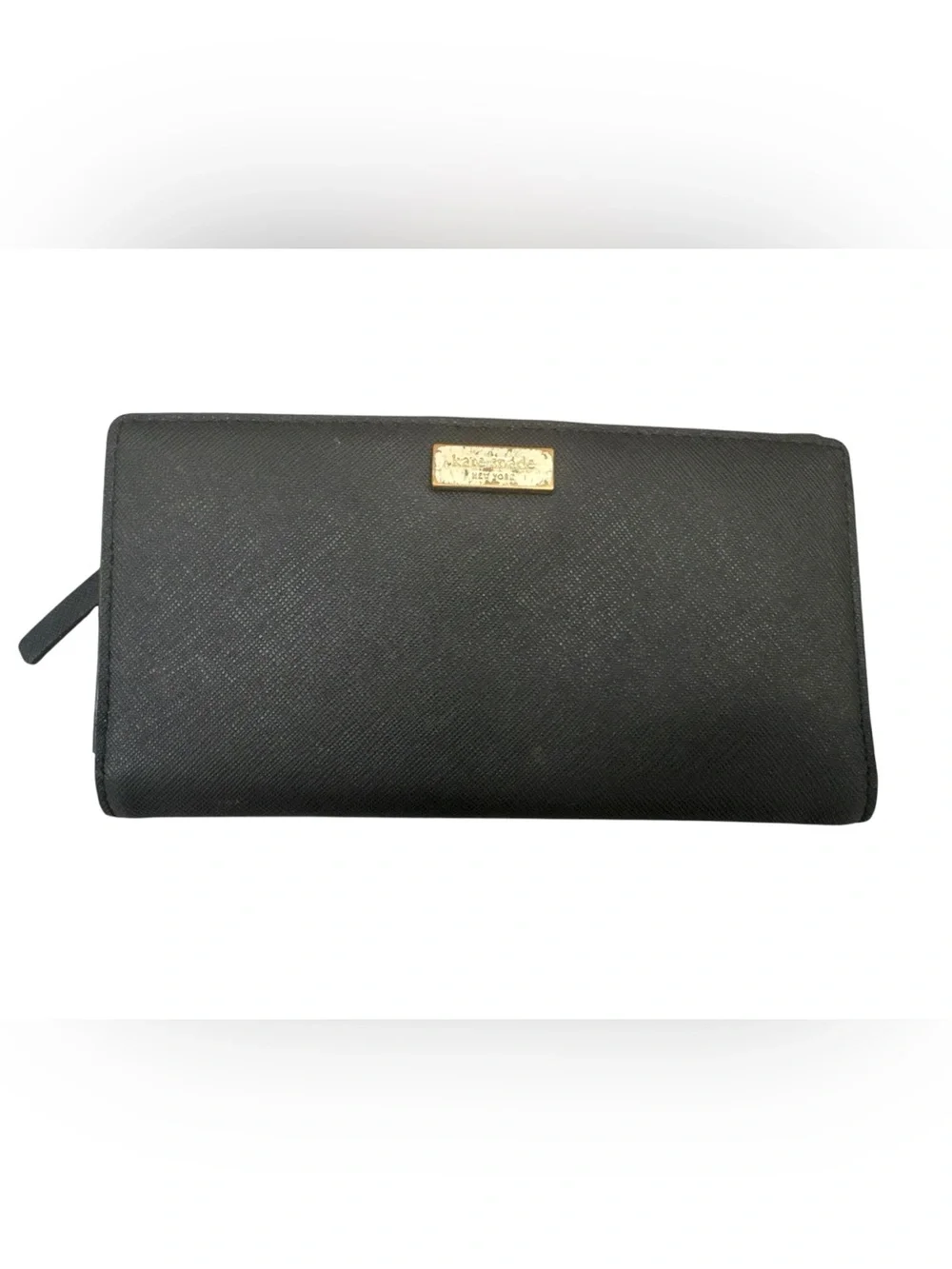 Kate Spade Black Long Saffiano Leather Zip Wallet with Gold Plaque